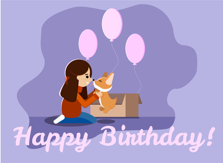 Happy birthday greeting card with a young girl, cute and sweet welsh corgi puppy, pink ballons, box in flat cartoon style. Vector illustration.のイラスト素材
