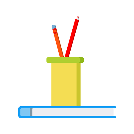 Office or school icon: two colored pencils in a plastic glass on blue notepad. Flat design cartoon style vector illustration isolated on white background.のイラスト素材