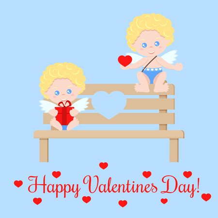 Greeting card with cute isolated romant pair of cupids with a heart and a gift on the bench with heart on blue background. Happy Valentines Day. Vector illusttation in cartoon flat style.のイラスト素材