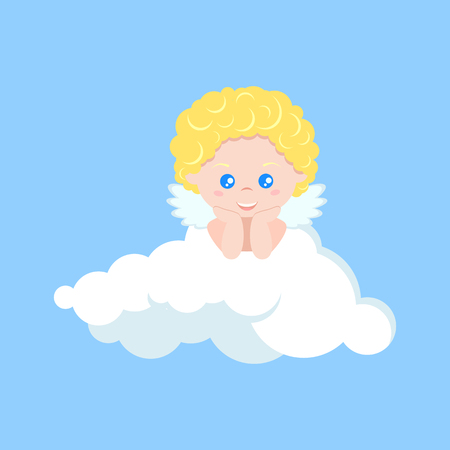 Vector isolated cute cupid boy dreaming on clouds in flat cartoon style. Cupid on blue background. Happy Valentine's Day. Element for graphic design. Cartoon character illustration.のイラスト素材
