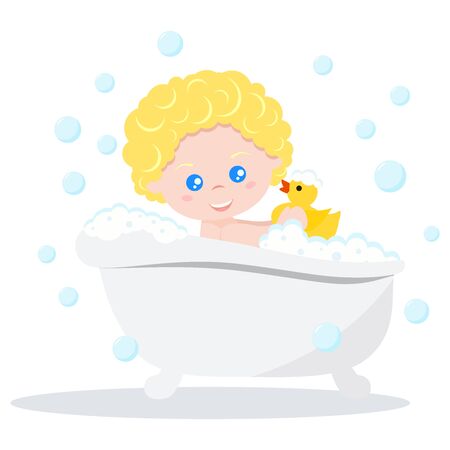 Baby taking a bath playing with foam bubbles and yellow rubber duck isolated on white background. Vector illustration flat design cartoonstyle baby boy character in bathroom. Baby bath time.のイラスト素材