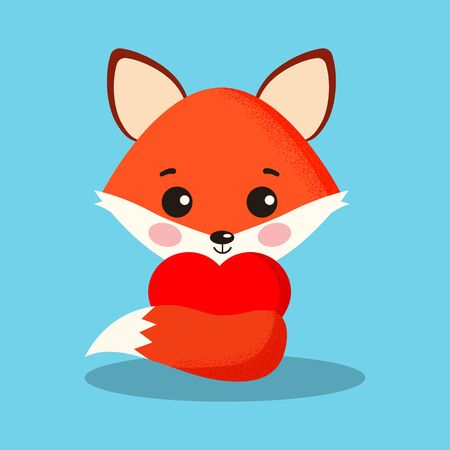 Sweet and cute fox with red heart isolatrd on blue background. Cartoon fox hugs the heart with a tail. Vector illusttation in flat style.のイラスト素材