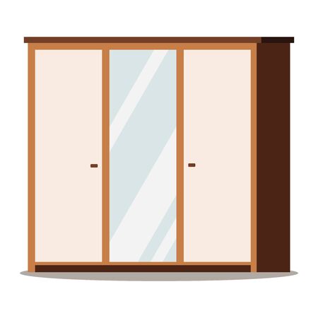 Wooden wardrobe with mirror isolated on white background. Natural material furniture. Wardrobe icon in flat style. Room interior element interior apartments design. Vector illustration.のイラスト素材