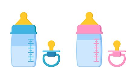 Icons set of pacifier baby dummy for newborn child and plastic or glass baby bottles with milk blue...