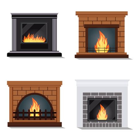 Vector set of isolated icons of cozy fireburning fireplace on white background with fire furnace. Heating system. Element of winter interior scene. Illustration in a cartoon flat style.のイラスト素材