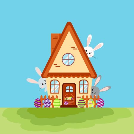 Happy easter house card with three bunnies peeking out of the house and easter egg in cartoon flat stylr. Vector spring holiday background illustration. Cute baby bunny and basket with colorful eggs.のイラスト素材