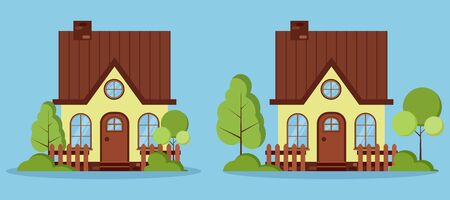 Set of isolated beautiful rural farm fabulous houses with attic, chimney, fences and summer spring trees in flat cartoon style. Vector illustration, detailed yellow house icon on blue background.のイラスト素材