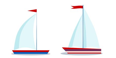 Isolated icons of cartoon style blue and red sailboats with one and two sails on white background. Vector flat design illustration. Children marine graphic design element for logo, web.のイラスト素材