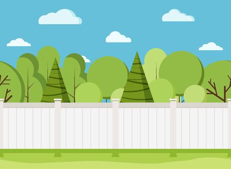White wooden fence with trees. Modern rural white fence with green grass, blue sky with clouds seamless border summer landscape background. Flat vector nature scene illustration in cartoon style.のイラスト素材