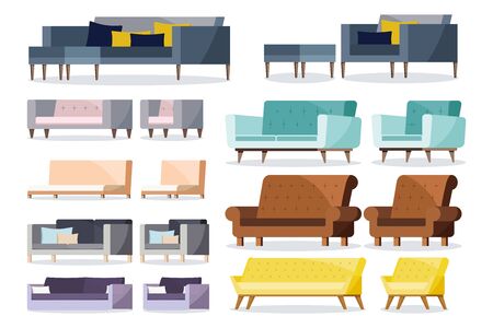 Colored different shape soft and leather sofa and armchairs with cushion icon set. Collection of sofa vector illustration in flat cartoon style. Interior design elements isolated on white background.のイラスト素材