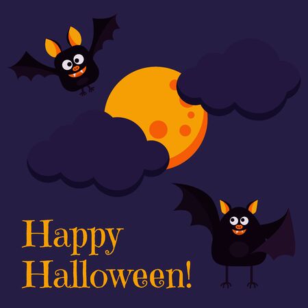 Happy Halloween greeting card with two cute characters black bats flying near full moon, clouds on dark night background. Vector cartoon flat style holiday illustration.のイラスト素材