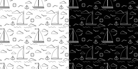 Set of black and white line art vector seamless pattern with one two sails sailboat, clouds, anchor, lifebuoy, gull on the background. Endless texture for web, covers, decoration, children's design.のイラスト素材