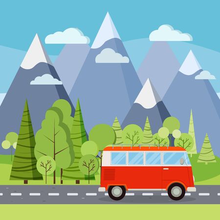 Summer day background: country road with microbus in green field with trees and mountains. Flat style vector illustration. Summer or spring nature landscape. Vector rural backdrop with space for textのイラスト素材