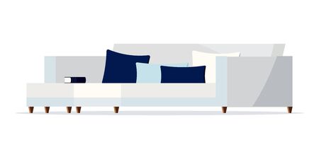 Cozy light white grey and blue color soft sofa icon with book and cushions isolated on white background. Home furniture vector illustration in flat cartoon style. Interior graphic design elements.のイラスト素材