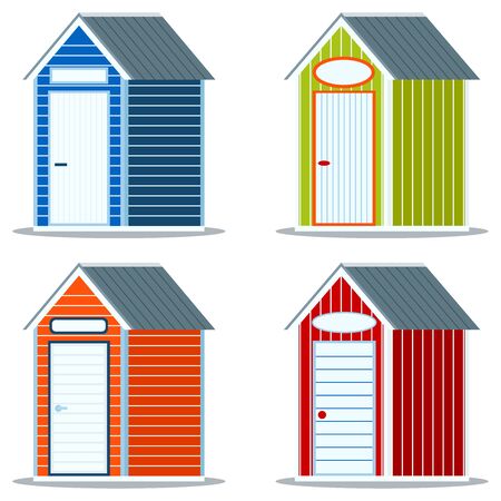Set of different simple multicolor wooden or pvc plastic beach huts with empty sign icon isolated on white background. Summer elements graphic desing collection. Vector illustration flat cartoon styleのイラスト素材