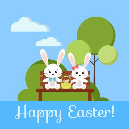 Happy Easter greeting card with boy and girl sweet bunny rabbits on wooden bench holding easter wicker basket with colorful eggs on spring landscape background. Vector illustration flat cartoon style.のイラスト素材