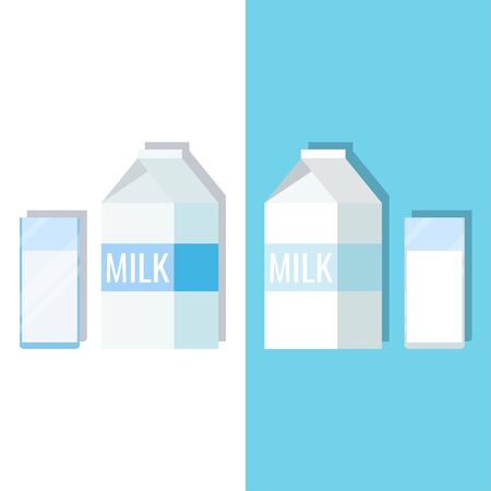 Set images paper white and blue packaging and glass of milk. Milk close box icon with shadow isolated on white and blue background. Vector cartoon flat style sign illustration. Graghic design element.のイラスト素材