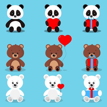 Set of isolated cute holiday bears in sitting pose with gifts and hearts:brown bear, polar bear, panda on blue background in cartoon flat style. Vector clip art illustration.のイラスト素材