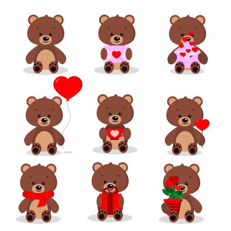 Set of cute brown bears in sitting pose with different things in paws:gift, heart, ballon, lollipop, flower pot, envelopes on white background in cartoon flat style. Vector clip art illustration.のイラスト素材