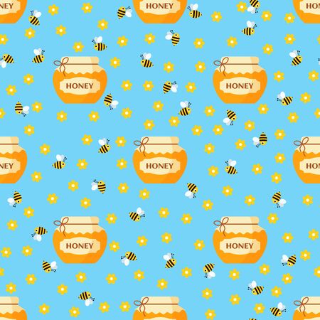 Vector seamless cartoon pattern with jar of honey and bees on blue background in flat style. Endless texture. Sample background for web, covers, banners, decoration, kids design.のイラスト素材