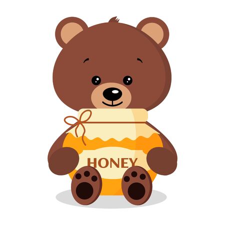 Flat cartoon style icon. Cute and sweet wild brown bear with a jar of delicious fresh honey isolated on white background. Vector clip art teddy toy character illustration.のイラスト素材
