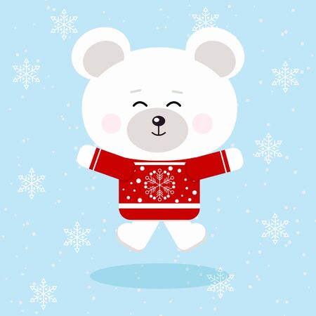 Isolated cute happy christmas polar bear in red sweater in snow background in cartoon flat style. Vector illustration.のイラスト素材