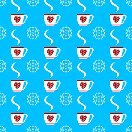 Vector seamless winter pattern with white cups and snowflakes ornament on blue background. Endless texture. Sample background for web, covers, flyers, banners, invitation decoration, elegant designs.のイラスト素材