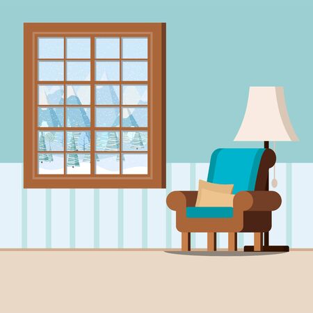 Cozy interior with wooden room window frame, armchair, lamp, pillows in cartoon flat style. Christmas window with a view of the snowy forest, winter landscape. Vector illustration.のイラスト素材