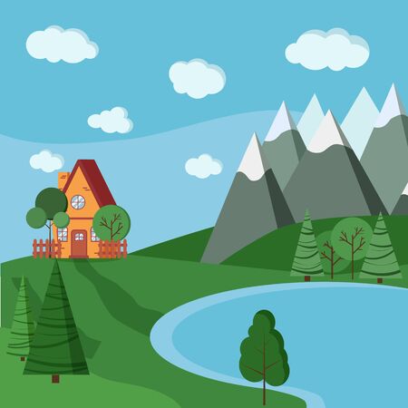 Summer or spring lake landscape with cartoon country house with fences, green trees, spruce, clouds, road, mountains in cartoon flat style. Vector background illustration.のイラスト素材