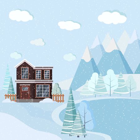Beautiful Christmas winter nature landscape background with mountains, snow, trees, spruces, lake, two story house in cartoon flat style. Vector backgroung illustration.のイラスト素材