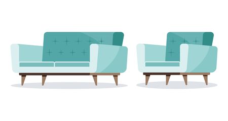 Mint color set of soft sofa and armchair with wooden sofa leg icons. Furniture collection. Vector illustration in flat cartoon style. Interior graphic design elements isolated on white background.のイラスト素材