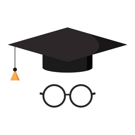 Black graduate hat or cap with tassel, glasses flat design icon. Web sign isolated on white background. Vector illustration. Element of uniform at the graduation ceremony at the end of the school.のイラスト素材