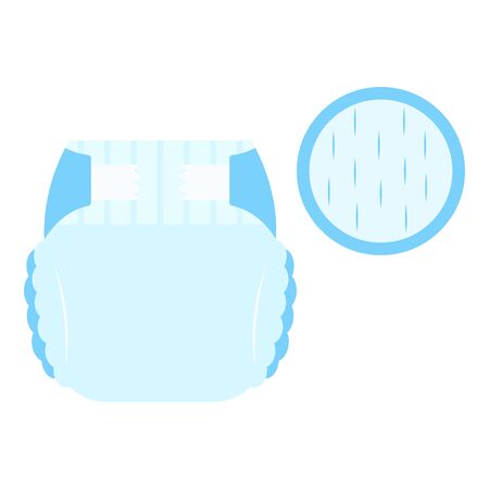 Blue baby absorbent diaper panties with ultra dry soft layer icon for diapers packs, web, babies production isolated on white background. Vector flat design illustration.のイラスト素材