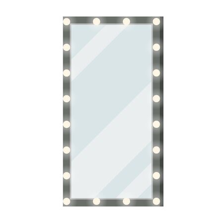 Modern mirror with light bulb. Women bedroom or backstage dressing room interior- makeup illuminated floor or wall mirror isolated on white background. Vector flat design cartoon style illustration.のイラスト素材