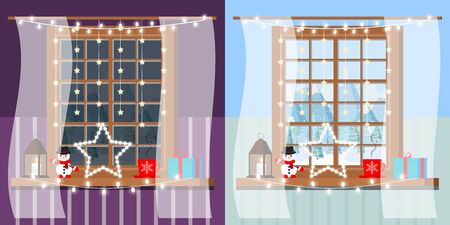 Day and night concept of decorated wooden room window frame in cartoon style. Christmas garland, socks, gift, snowmen, cup, window with a view of the snowy forest. Vector flat design illustration.のイラスト素材