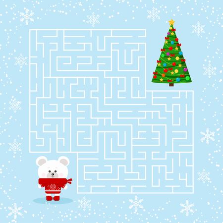 Flat design vector maze game for playing children with a labyrinth. Cartoon little cute polar bear and decorated christmas tree on snow blue background. White bear finding christmas tree with balls.のイラスト素材