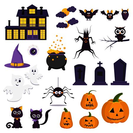 Cartoon flat design Happy Halloween icon set: colorful pumpkins, bats, owl, house, ghost, pot, moons, hat, gravestones, scary tree, cats eye spider isolated on white background Vector illustrationのイラスト素材