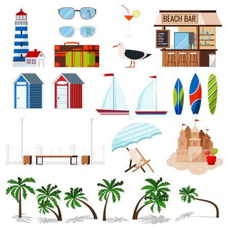 Summer holiday set isolated on white background: sailboat, surf board, sand castle, chaise lounge, hut, seagull, beach bar, palms. sunglasses, cocktail lighthouse Flat design vector illustrationのイラスト素材