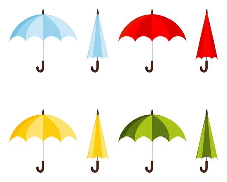 Set of colored flat design vector illustration of classic elegant opened and closed blue, red, yellow, green umbrella cane icon isolated on white background. Fashion autumn woman accessory sign.のイラスト素材