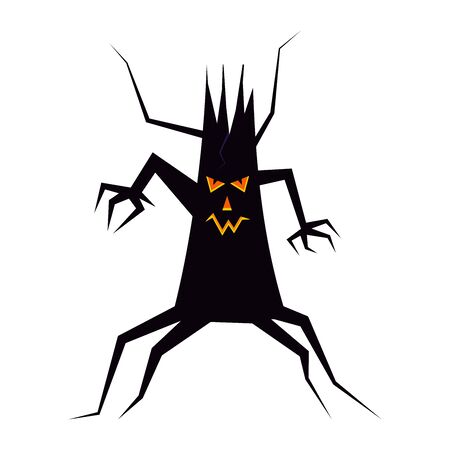 Spooky black silhouette of dry Halloween tree with luminous eyes, nose and mouth, awesome face. Tree hangs aggressively kicking and swinging its arms with branches. Flat design vector illustration.のイラスト素材