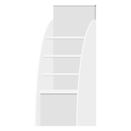 Vector illustration of outdoor promotional acrylic showcase goods display stand. POS POI empty blank retail shelves isolated on white background. Flat style cardbox floor exhibition rack instant.のイラスト素材