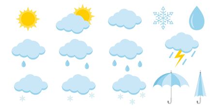 Set of cartoon weather theme icons isolated on white background. Illustration of different weather: sun, rain, shower, lightning, snow, open and closed umbrellas. Flat design clouds vector collectionのイラスト素材