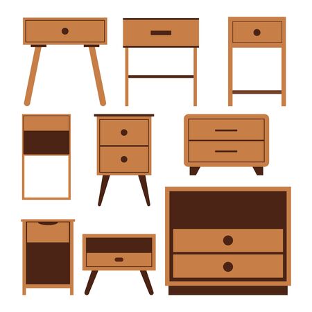 Wooden nightstand bedside icons set, flat design illustration of nine different nightstands bedside vector signs for web isolated on white background.のイラスト素材