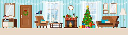 Cozy new year decorated corridor living room interior with christmas tree, fireplace, armchair, couch, cup, rack, coffe table, window with winter landscape in flat cartoon style. Vector illustration.のイラスト素材