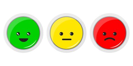 Vector flat design illustration of smiley icon set. Emoticons positive, neutral and negative red, yellow and green different moods . Rating smile for customer opinion. Facial expressions button.のイラスト素材