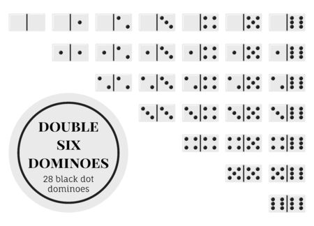 Double six domino game pieces set, flat design illustrations, 28 rectangular white knuckles with black dots isolated on white background. Traditional entertainment, gambling leisure, dominoes tiles.のイラスト素材