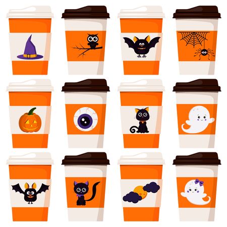 Vector flat design set of paper coffee or tea cups decorated cartoon character with Halloween concept - bat, pumpkin, owl, spider, ghost,cat, witch hat, eye illustration isolated on white background.のイラスト素材