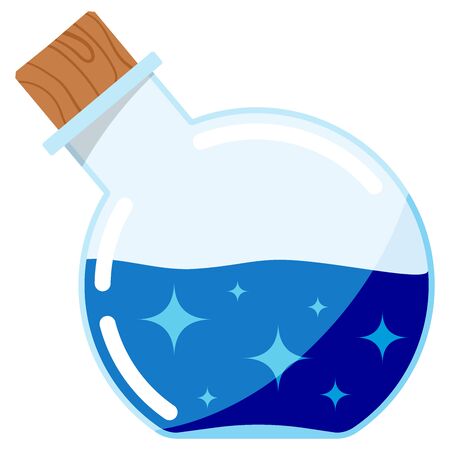 Vector icon of magic potion, glass magical tube with wooden cork isolated on white background. Flat design cartoon style bottle with colorful liquid with magic sparks. Game icon of magic elixir.のイラスト素材