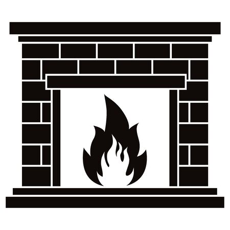 Vector black icon of retro brick fireplace with fire flame illustration isolated on white background. Simple flat single element home interior design decoration, apps, web site.のイラスト素材