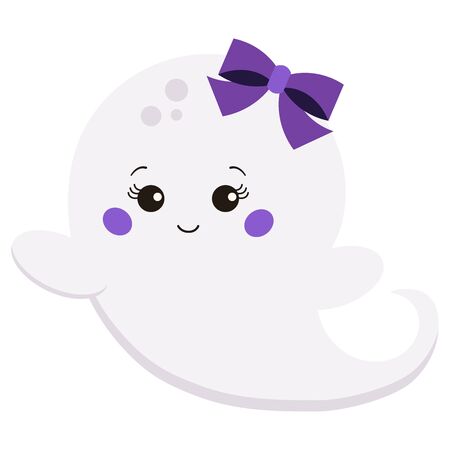 Vector illustration flat design kawaii cute sweet cartoon baby girl with bow ghost isolated on white background. Flying ghost funny character. Graphic design element for happy Halloween night party.のイラスト素材